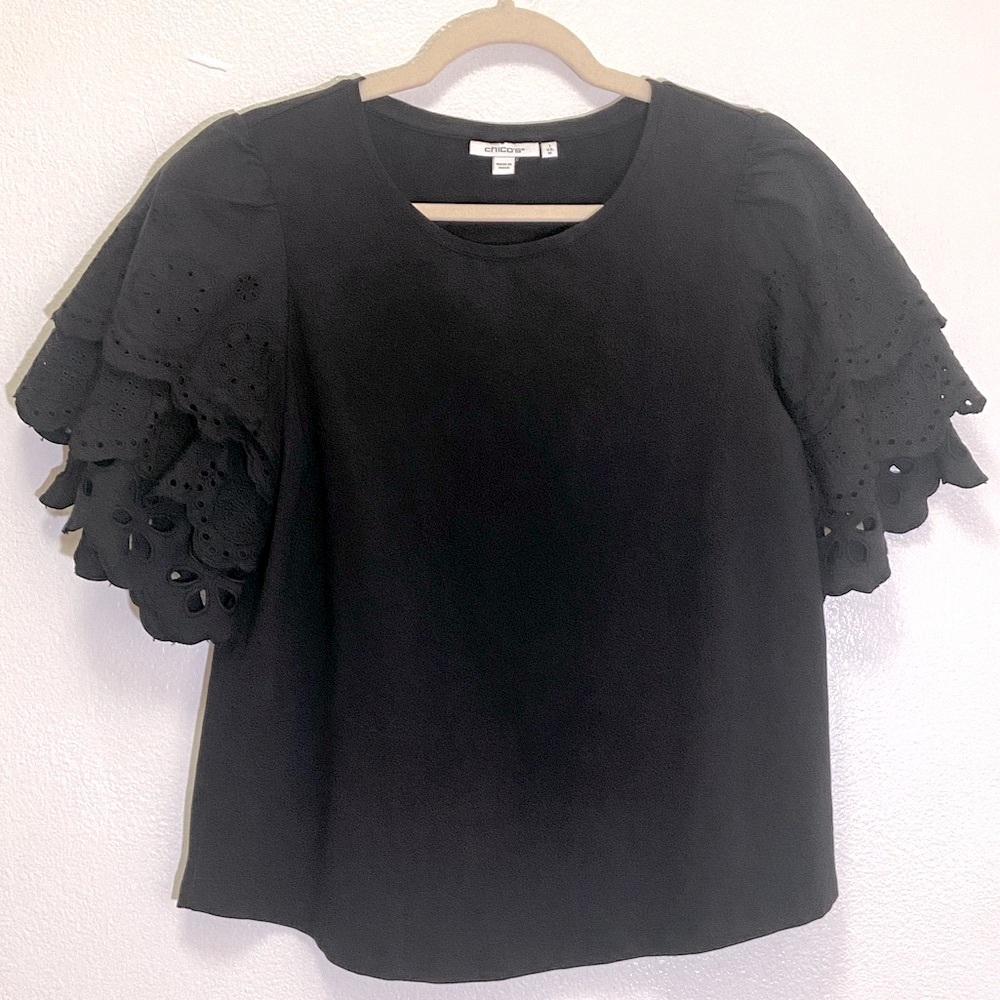 Chico's Black Eyelet Tiered Sleeve Blouse